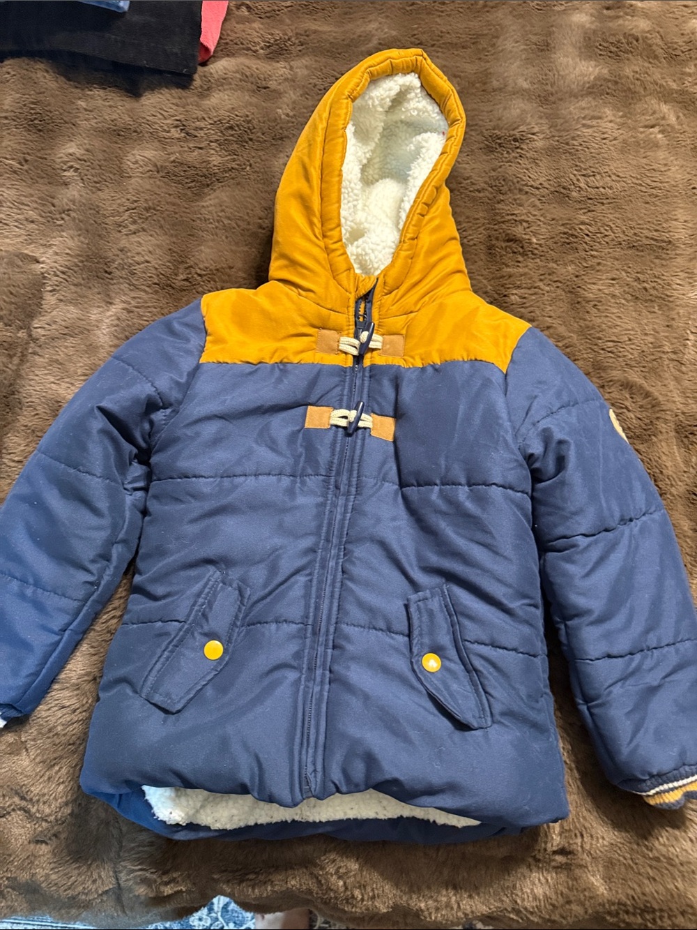 Children's Hooded Colorblock Puffer Jacket in Navy and Mustard